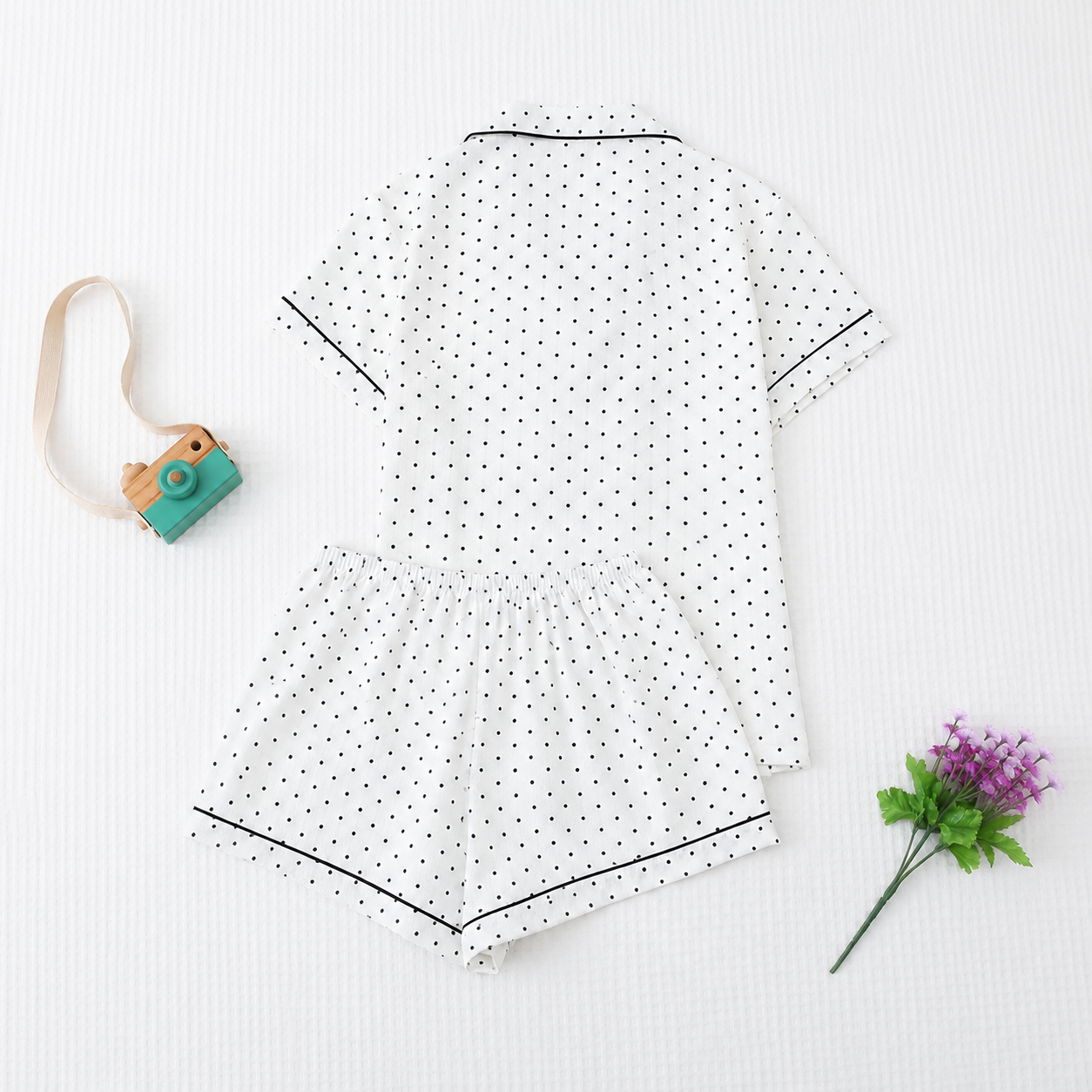 2 Piece Polka Dot Pajama Set With Bow Shorts For Women