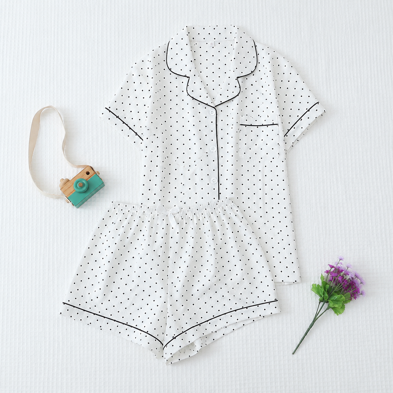 2 Piece Polka Dot Pajama Set With Bow Shorts For Women
