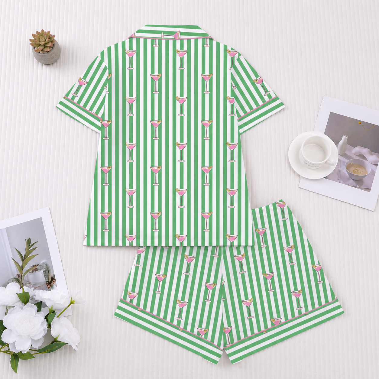 2 Piece Glass Printed Pajama Set With Lapel Top For Women