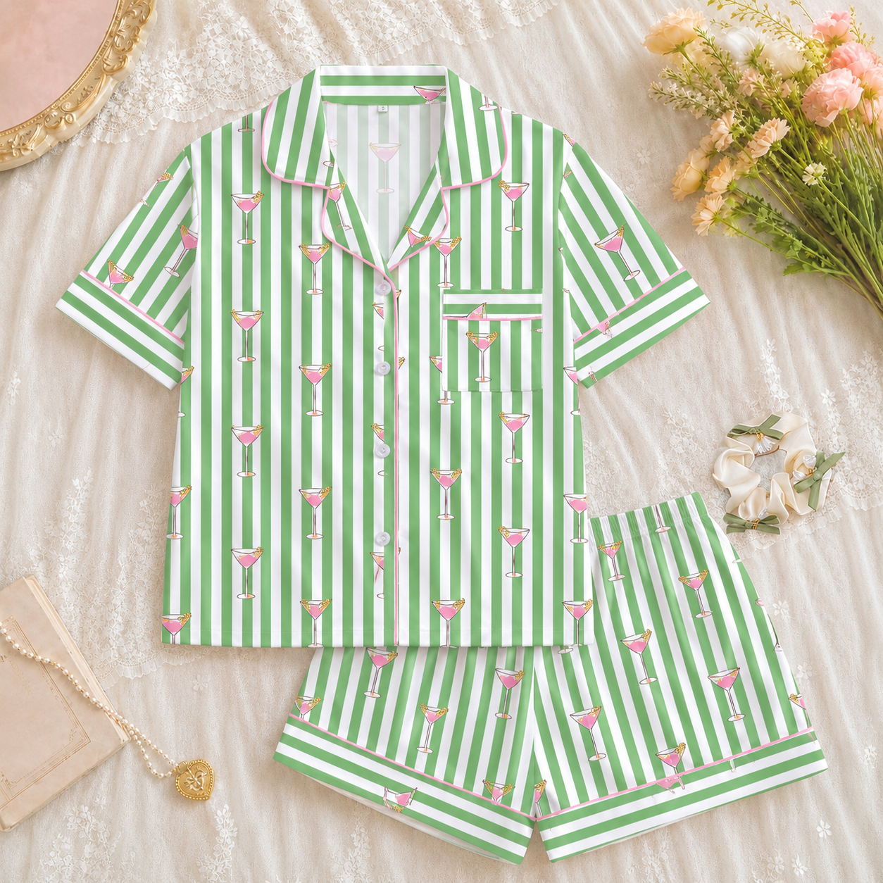 2 Piece Glass Printed Pajama Set With Lapel Top For Women