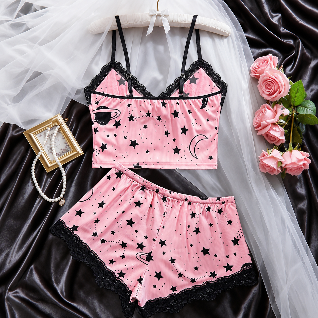 2 Piece Star Printed Pajama Set With Shorts For Women