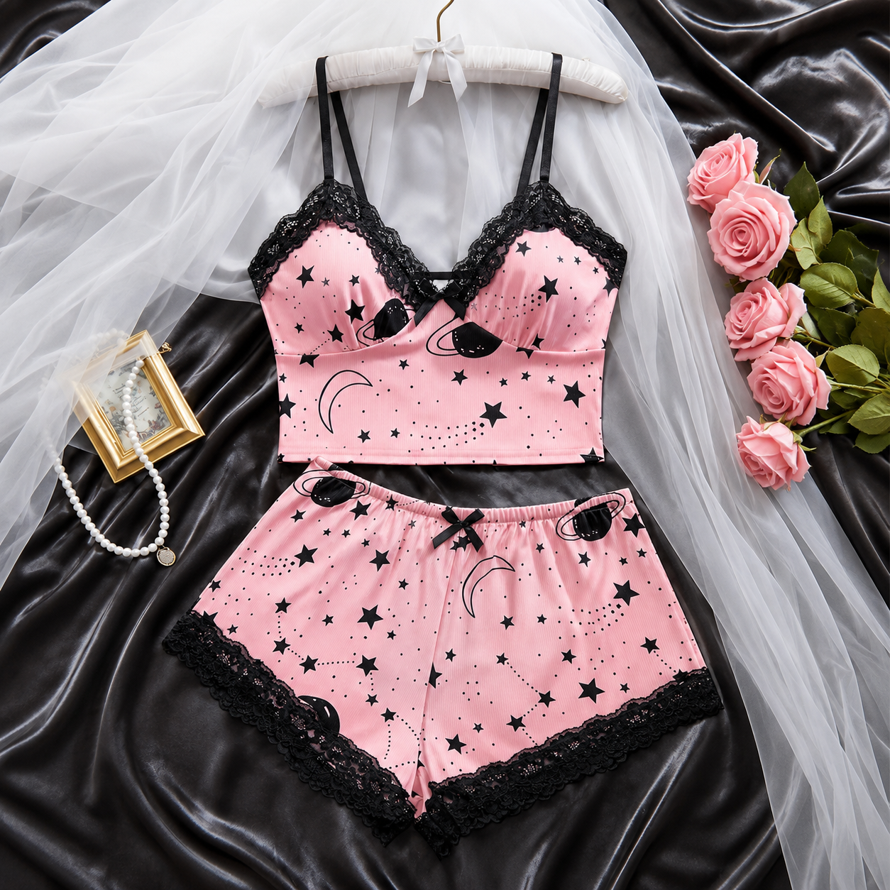 2 Piece Star Printed Pajama Set With Shorts For Women