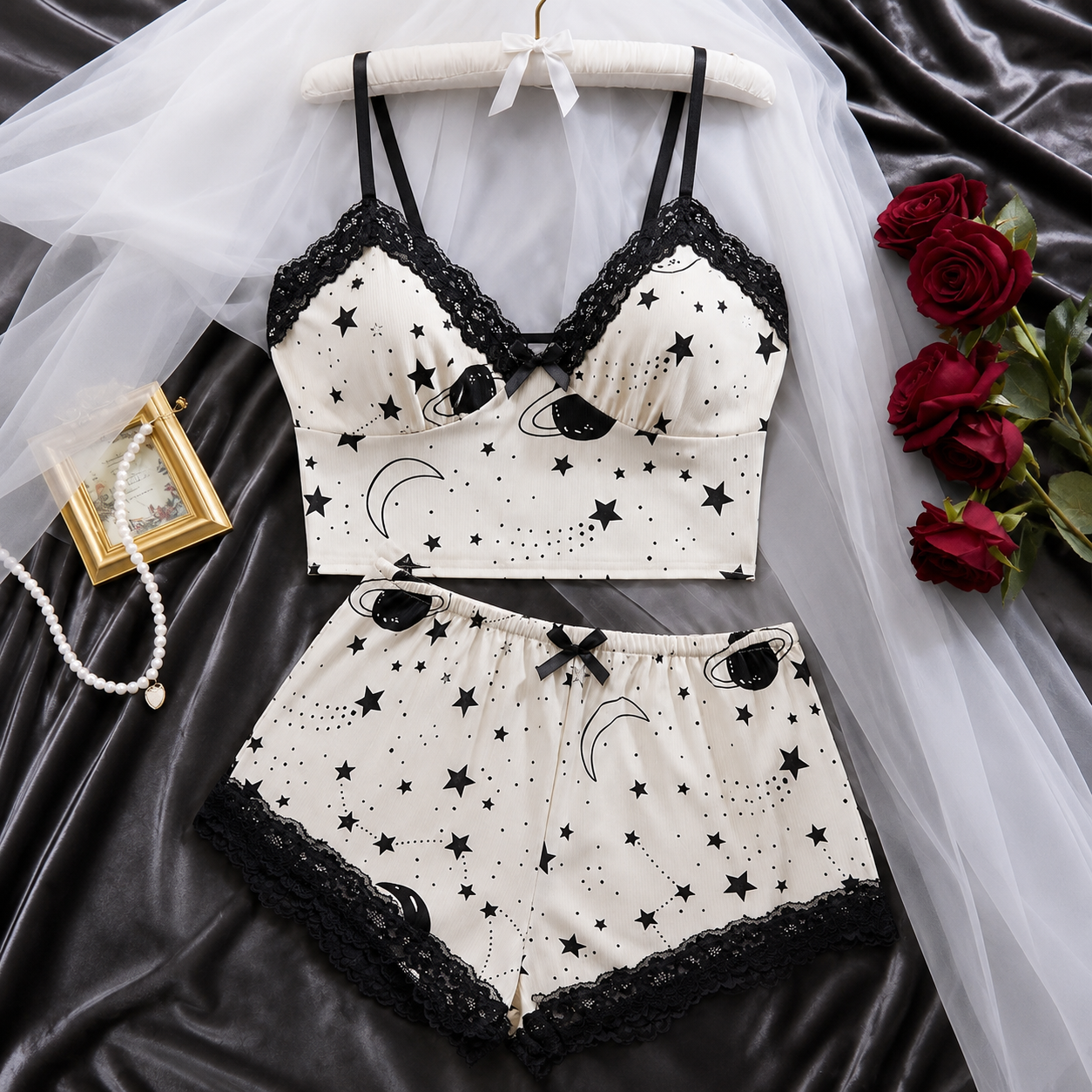 2 Piece Star Printed Pajama Set With Shorts For Women