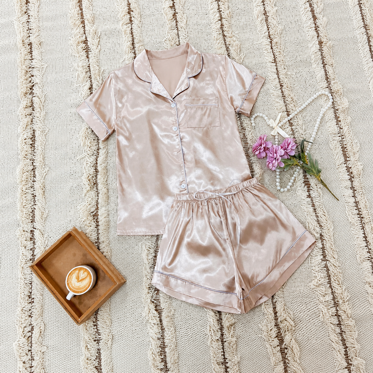 2 Piece Casual Sleepwear Set With Button Front For Women