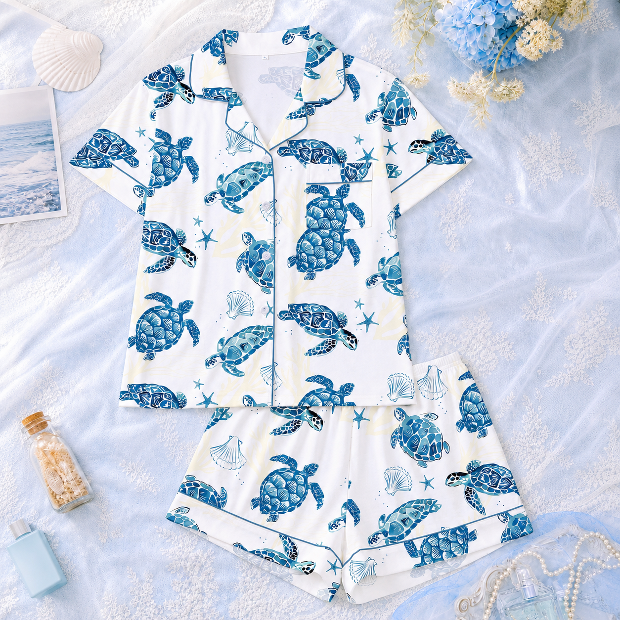 Marine Style Sea Turtle Print Short Sleeve Lapel Cardigan Top And Shorts For Women