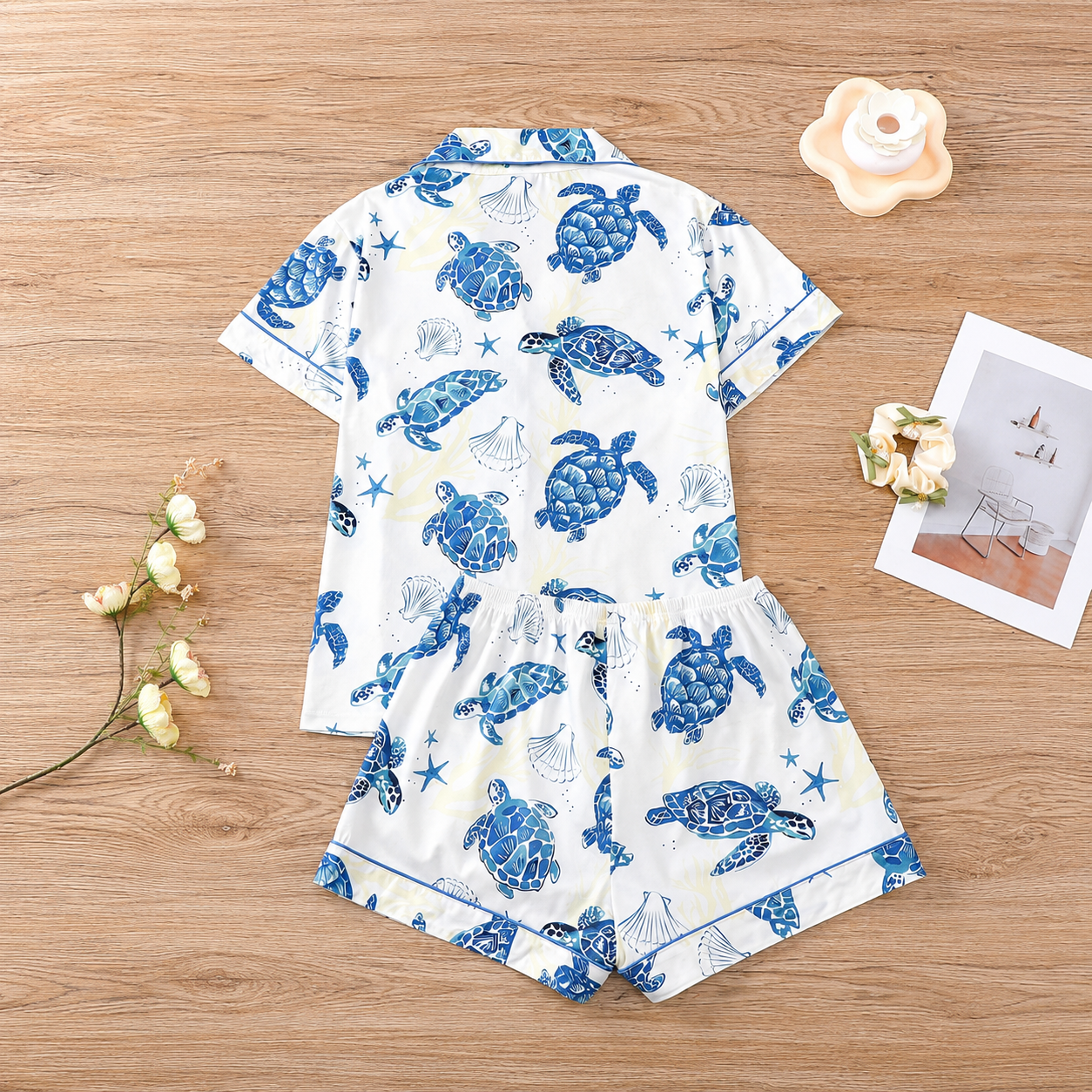 Marine Style Sea Turtle Print Short Sleeve Lapel Cardigan Top And Shorts For Women