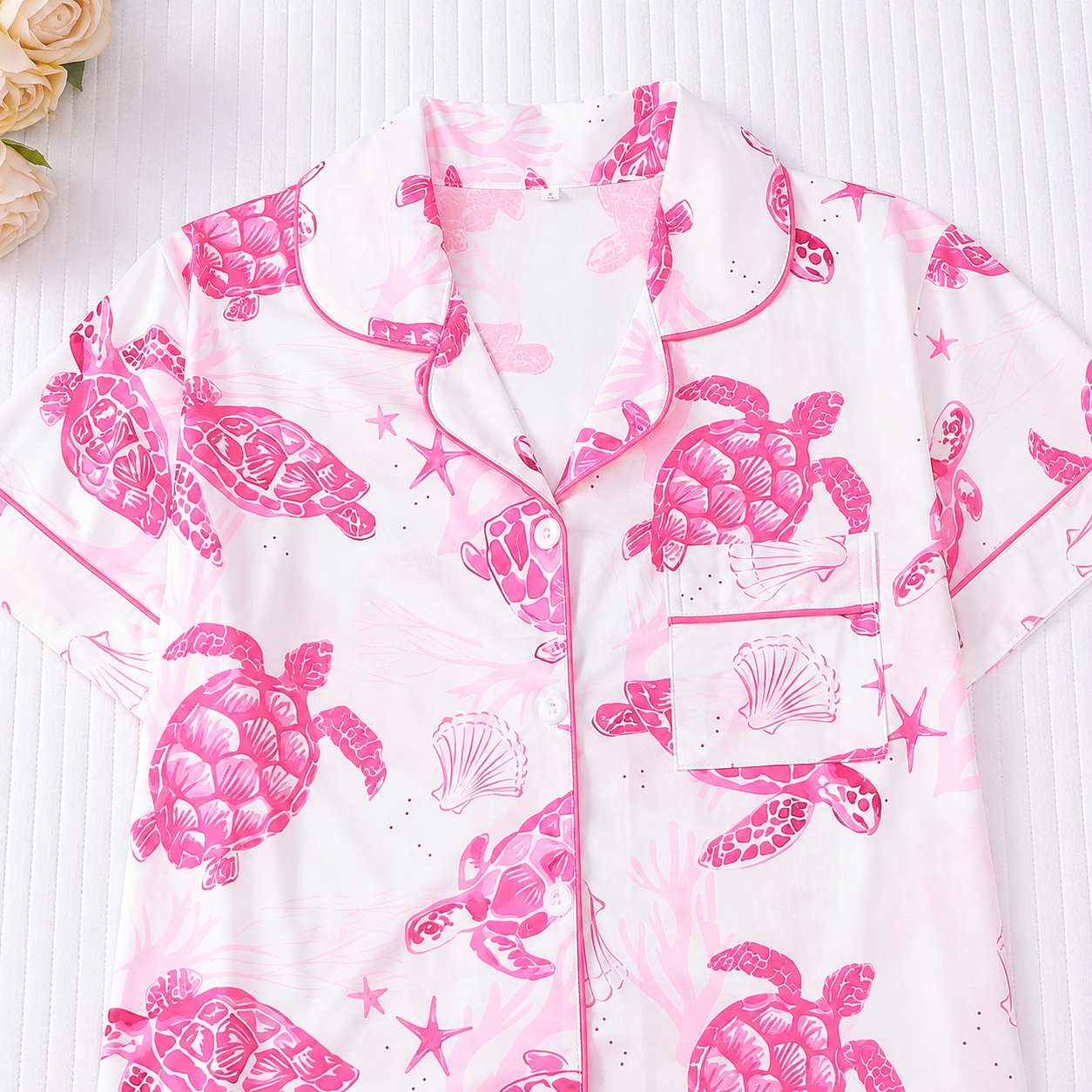Marine Style Sea Turtle Print Short Sleeve Lapel Cardigan Top And Shorts For Women