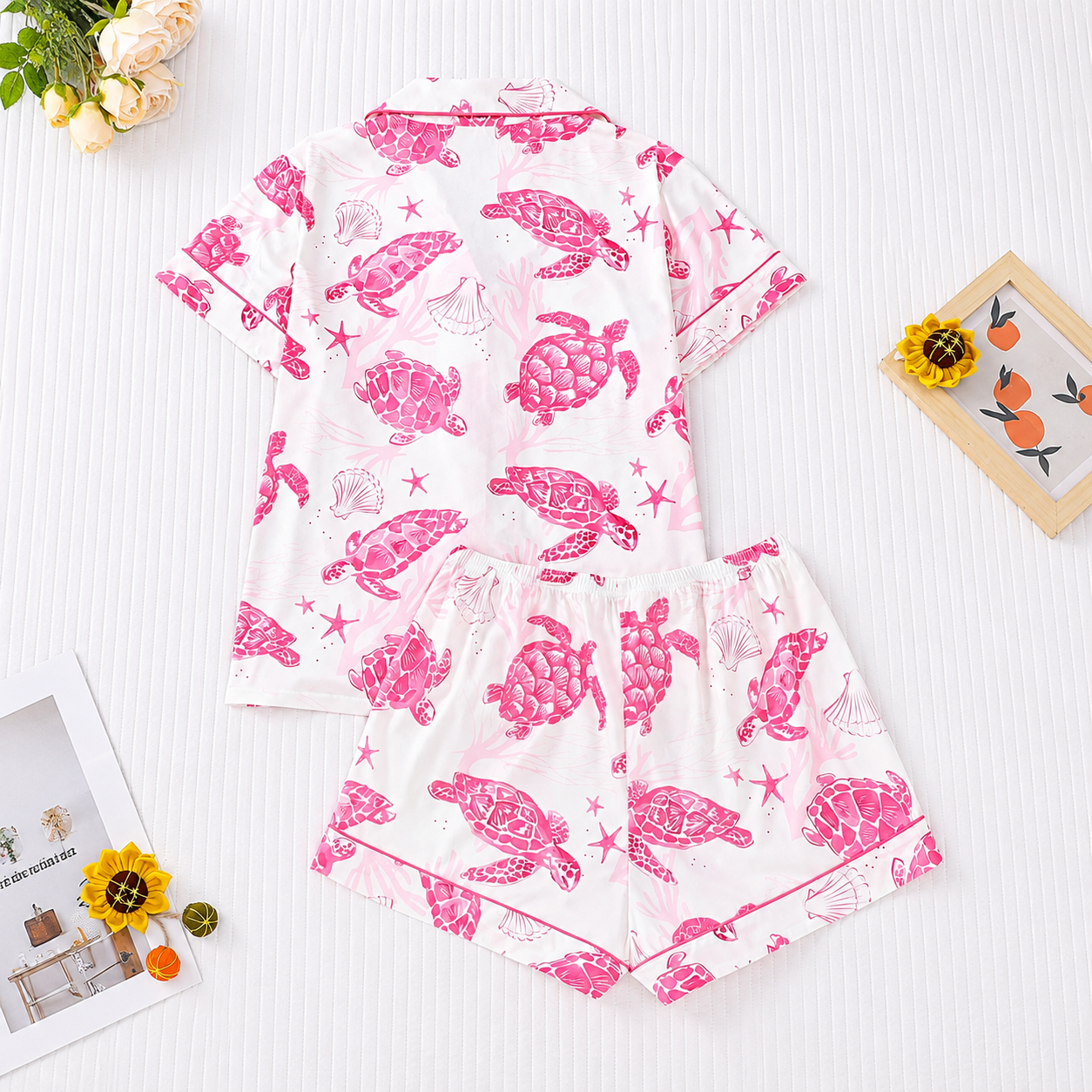 Marine Style Sea Turtle Print Short Sleeve Lapel Cardigan Top And Shorts For Women