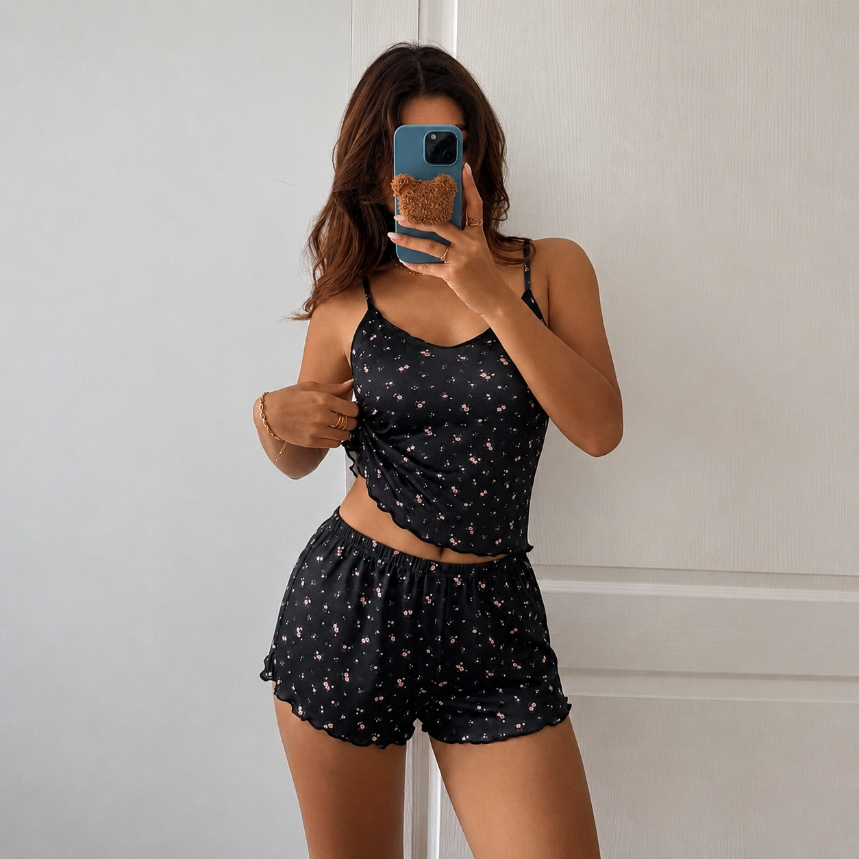 Floral Printed Top And Ruffle Shorts Pajama Set