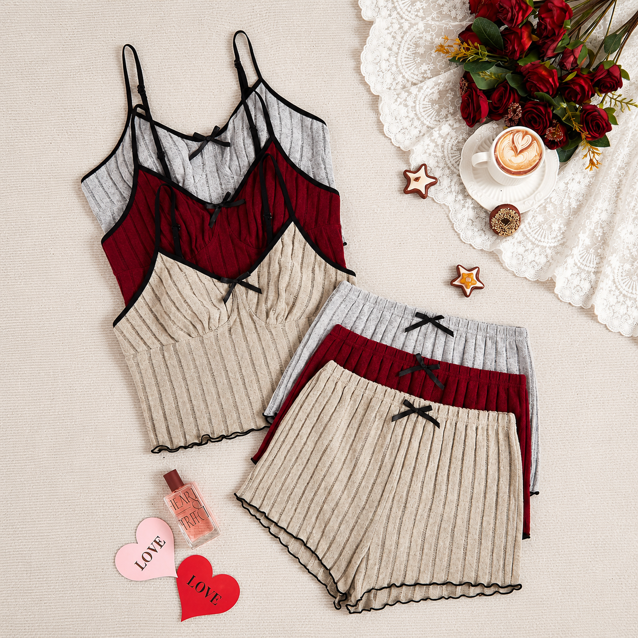 Set Of 3 Casual Sleeveless Holiday Season Cami Top And Shorts Sets For Women