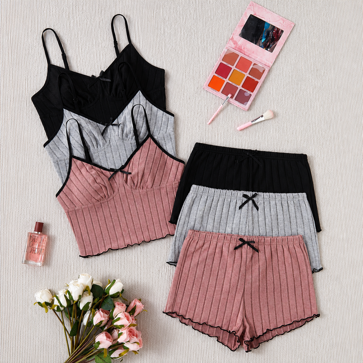 Set Of 3 Casual Sleeveless Holiday Season Cami Top And Shorts Sets For Women