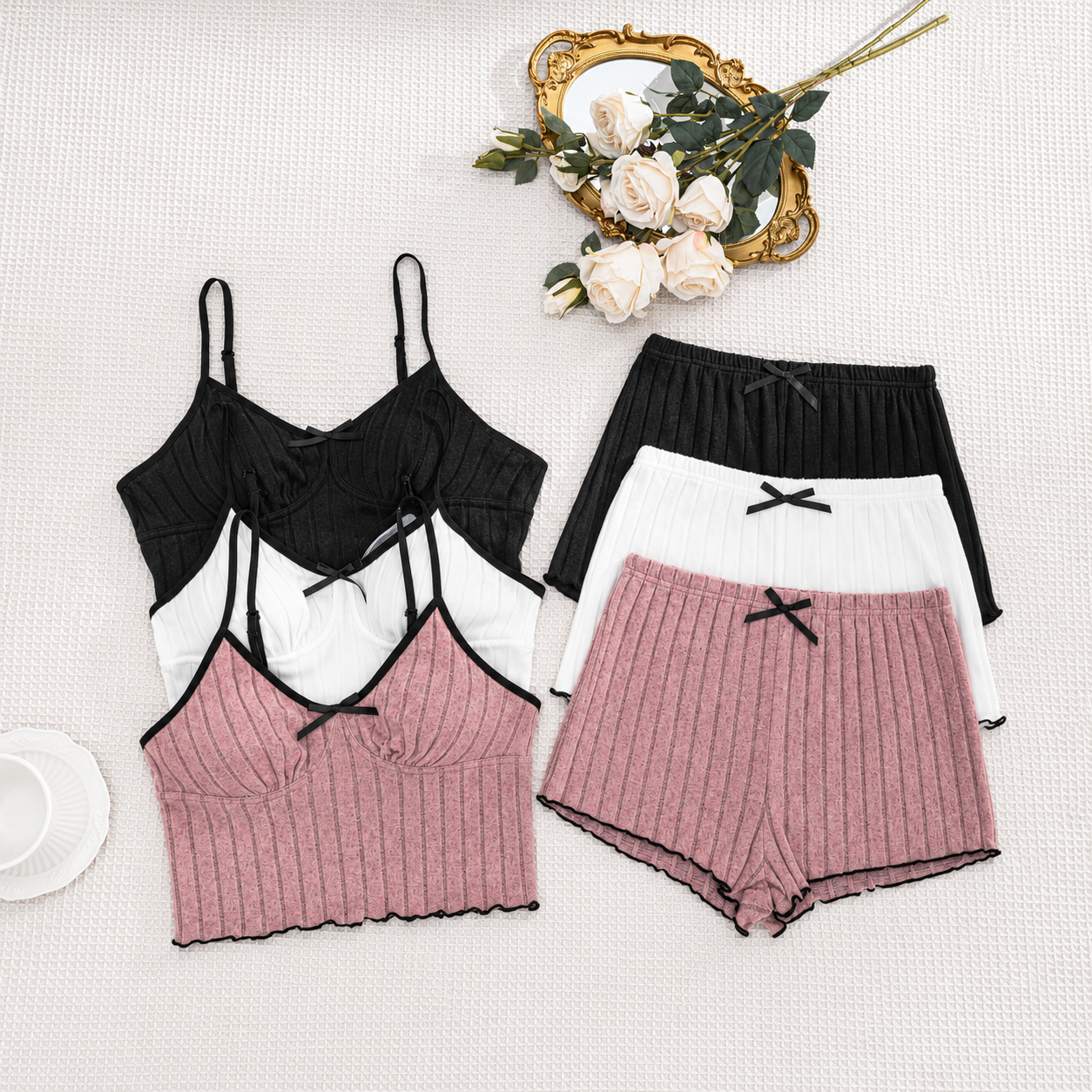 Set Of 3 Casual Sleeveless Holiday Season Cami Top And Shorts Sets For Women