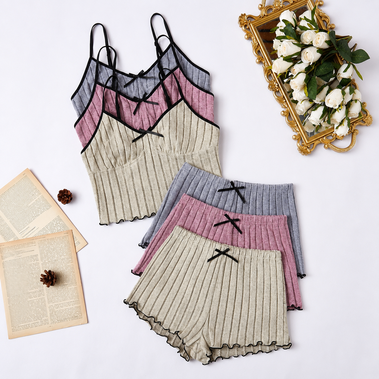 Set Of 3 Casual Sleeveless Holiday Season Cami Top And Shorts Sets For Women