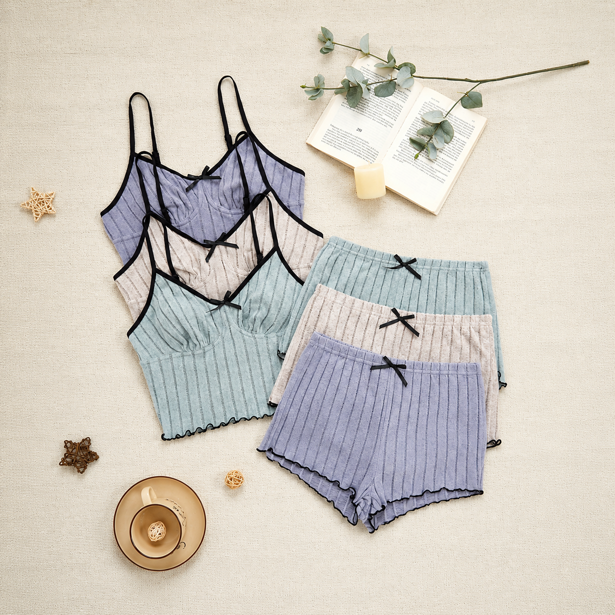 Set Of 3 Casual Sleeveless Holiday Season Cami Top And Shorts Sets For Women