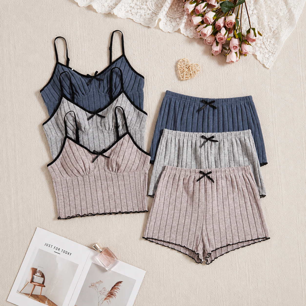 Set Of 3 Casual Sleeveless Holiday Season Cami Top And Shorts Sets For Women