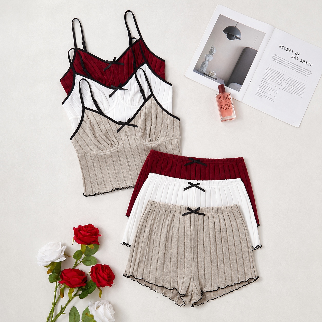 Set Of 3 Casual Sleeveless Holiday Season Cami Top And Shorts Sets For Women