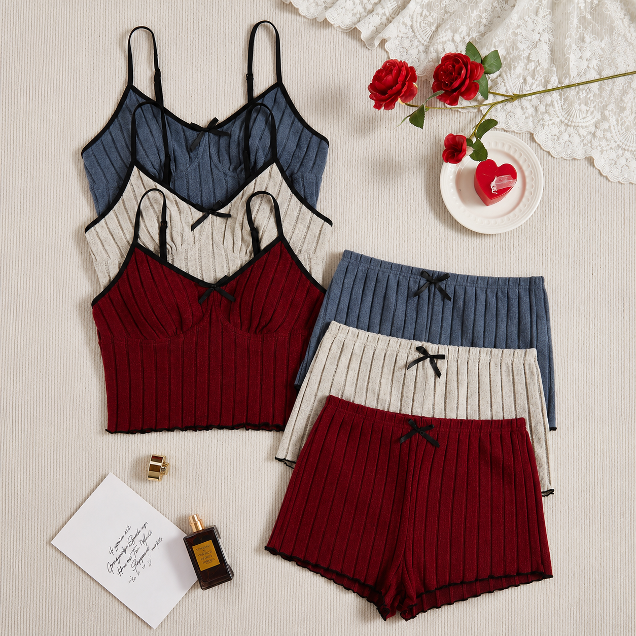 Set Of 3 Casual Sleeveless Holiday Season Cami Top And Shorts Sets For Women