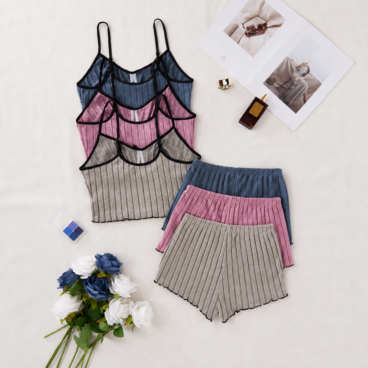 Set Of 3 Casual Sleeveless Holiday Season Cami Top And Shorts Sets For Women