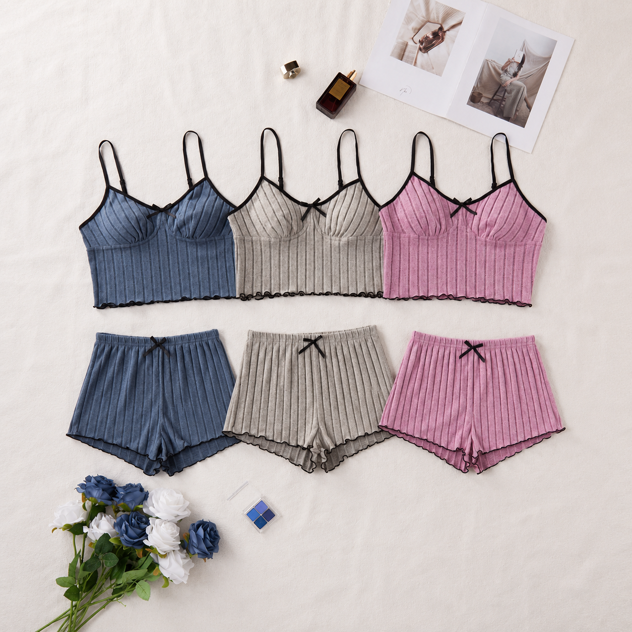 Set Of 3 Casual Sleeveless Holiday Season Cami Top And Shorts Sets For Women