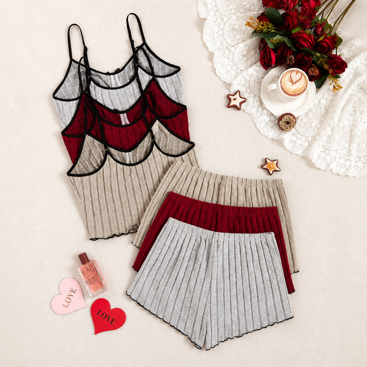 Set Of 3 Casual Sleeveless Holiday Season Cami Top And Shorts Sets For Women