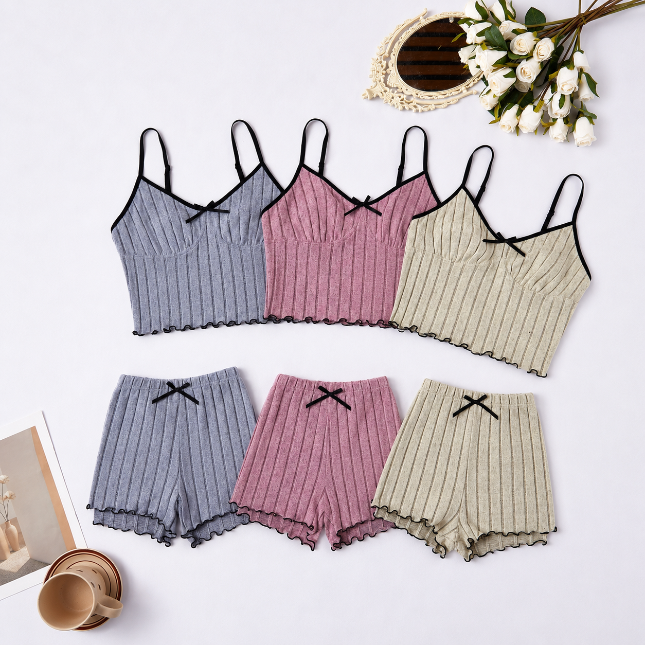 Set Of 3 Casual Sleeveless Holiday Season Cami Top And Shorts Sets For Women