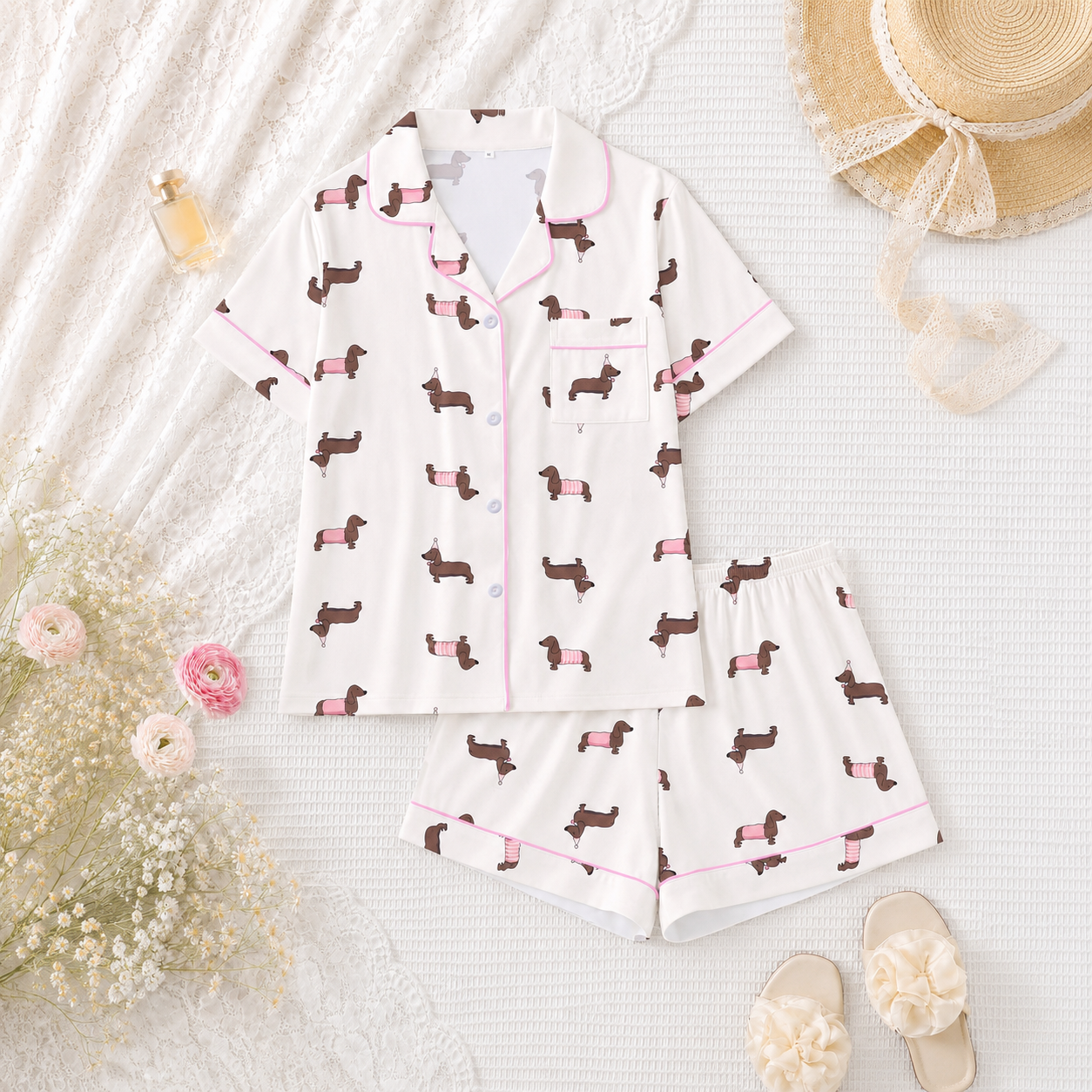 2 Pieces Dachshund Print Short Sleeve Top And Shorts Loungewear Set For Women