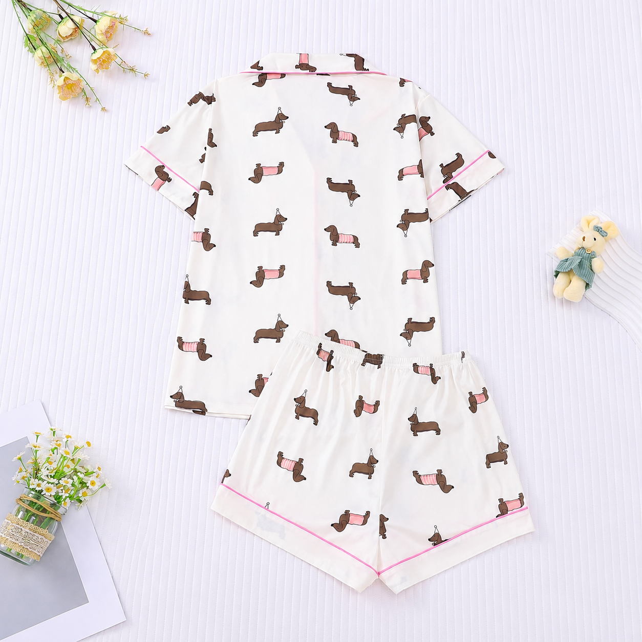 2 Pieces Dachshund Print Short Sleeve Top And Shorts Loungewear Set For Women
