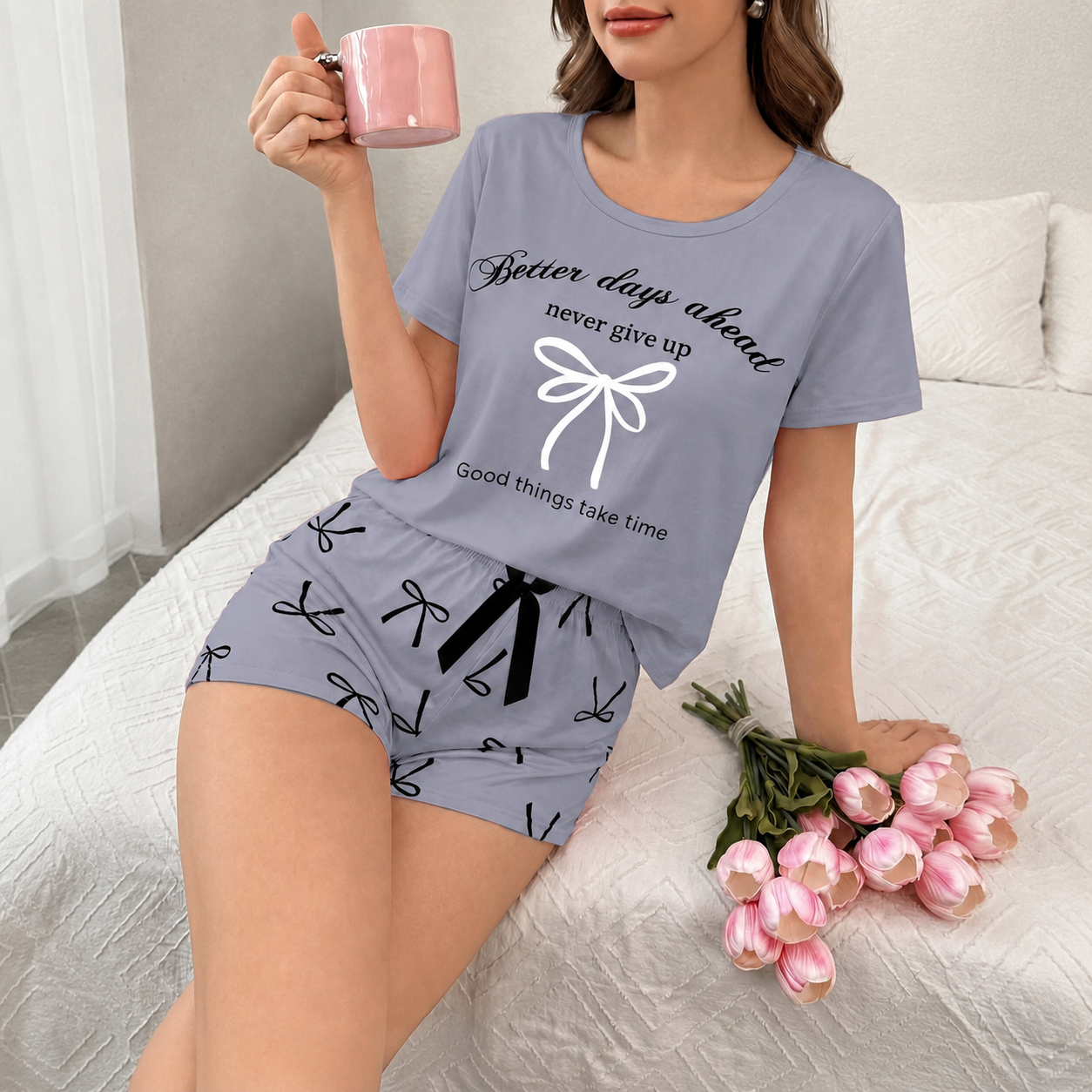  Bow And Letter Print Short Sleeve Top And Shorts Set For Women