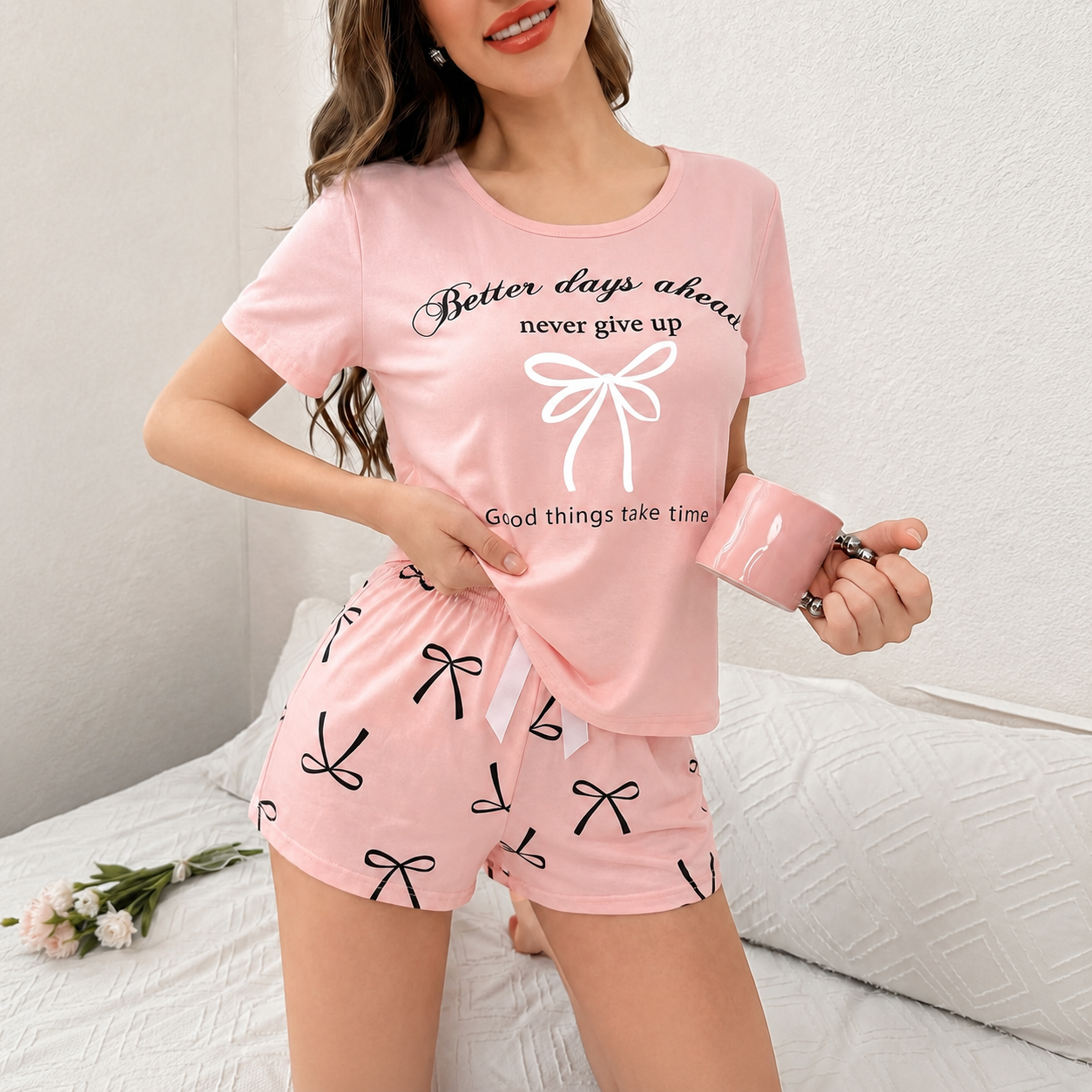  Bow And Letter Print Short Sleeve Top And Shorts Set For Women