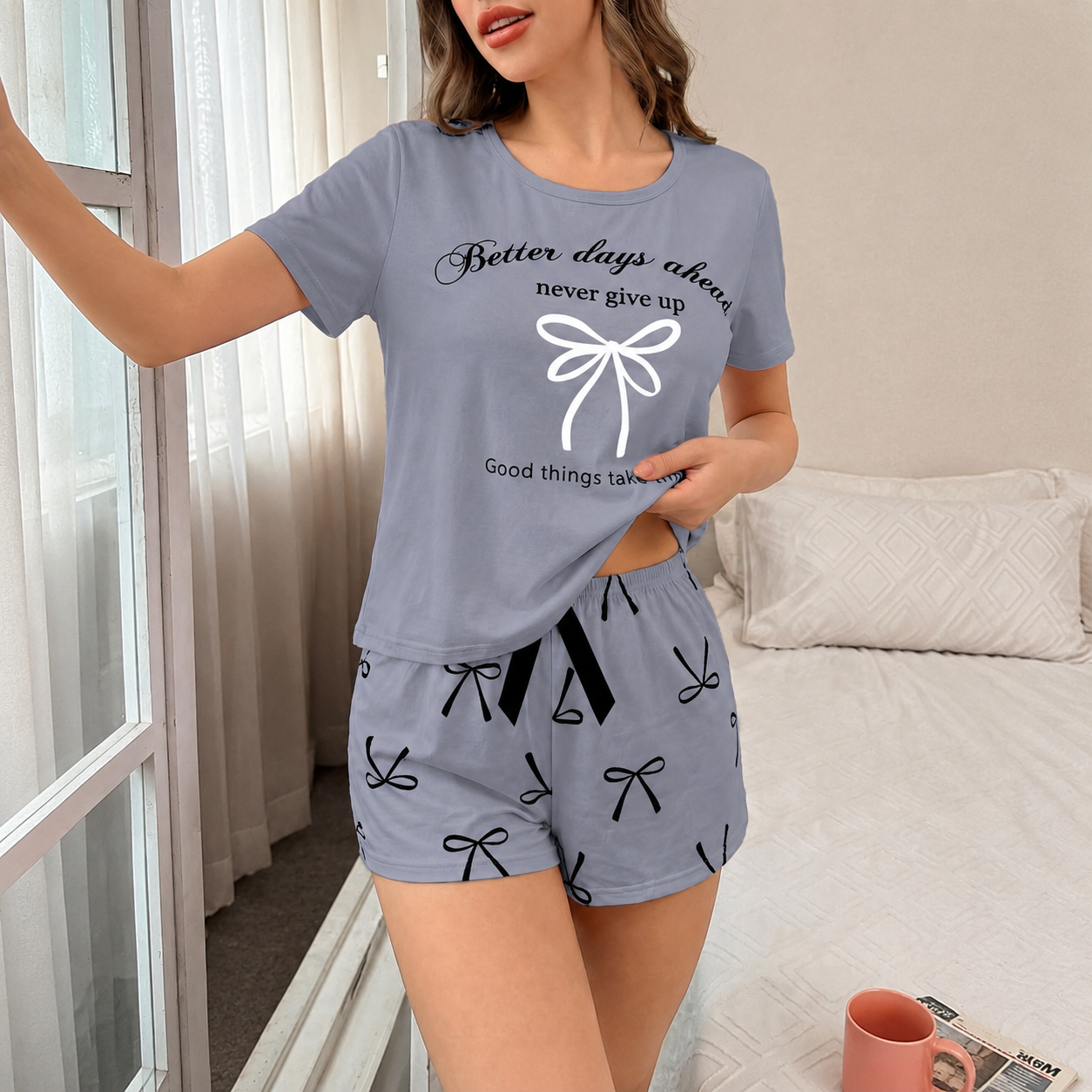  Bow And Letter Print Short Sleeve Top And Shorts Set For Women