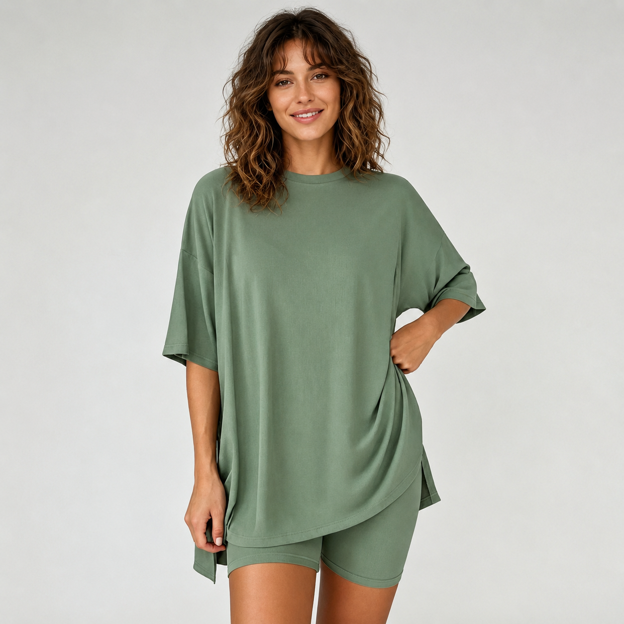 Oversized 2 Pieces Casual Short Sleeve Top And Elastic Biker Shorts  Set For Women 