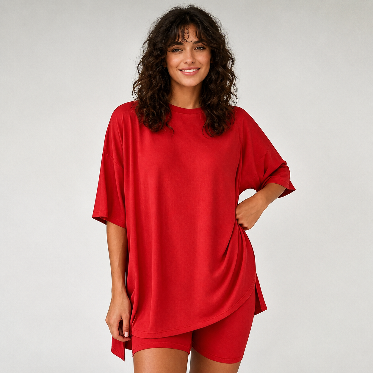 Oversized 2 Pieces Casual Short Sleeve Top And Elastic Biker Shorts  Set For Women 