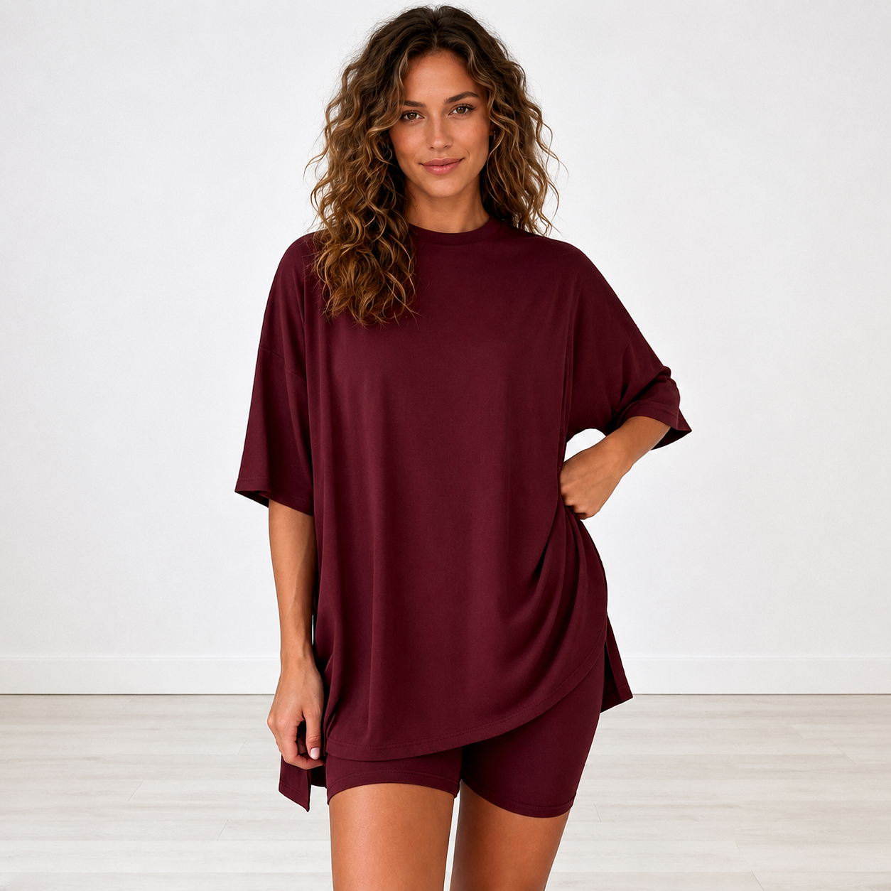 Oversized 2 Pieces Casual Short Sleeve Top And Elastic Biker Shorts  Set For Women 