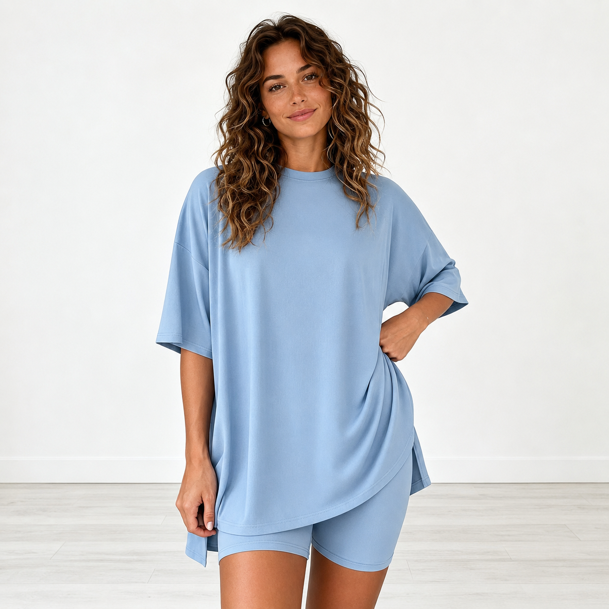 Oversized 2 Pieces Casual Short Sleeve Top And Elastic Biker Shorts  Set For Women 