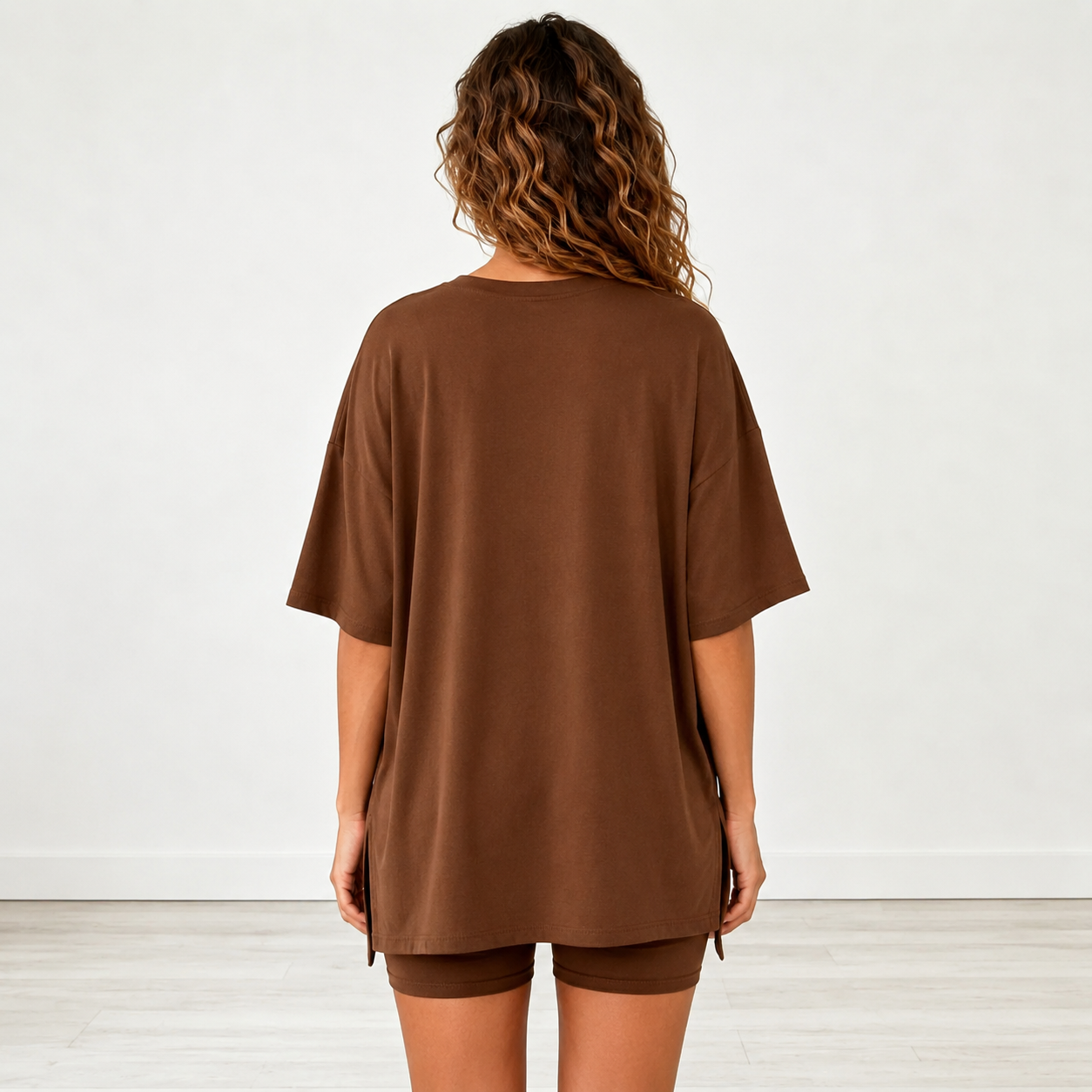 Oversized 2 Pieces Casual Short Sleeve Top And Elastic Biker Shorts  Set For Women 