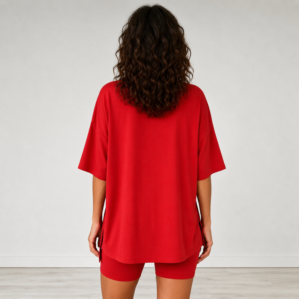 Oversized 2 Pieces Casual Short Sleeve Top And Elastic Biker Shorts  Set For Women 
