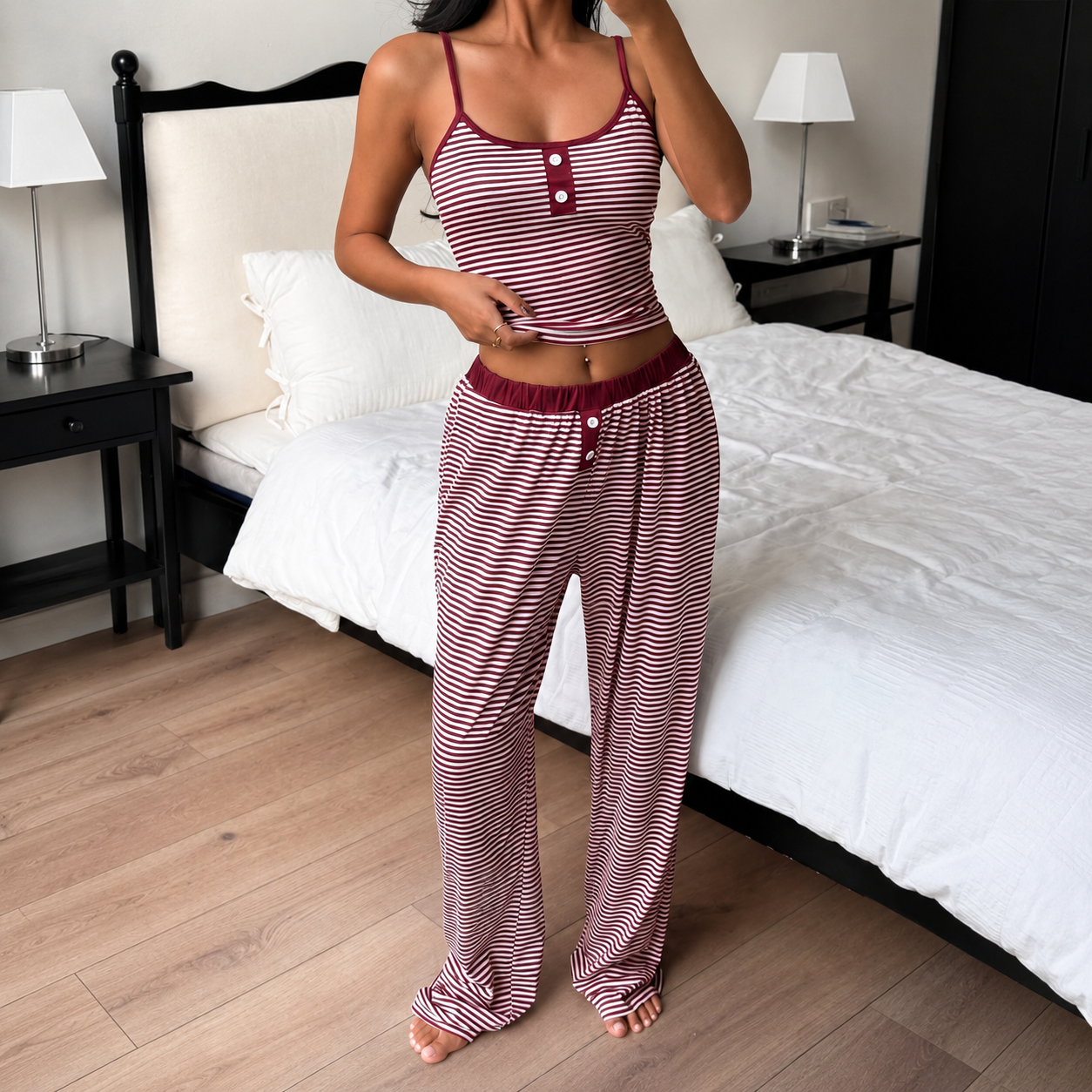 Striped Camisole and Buttoned Drawstring Pants Set