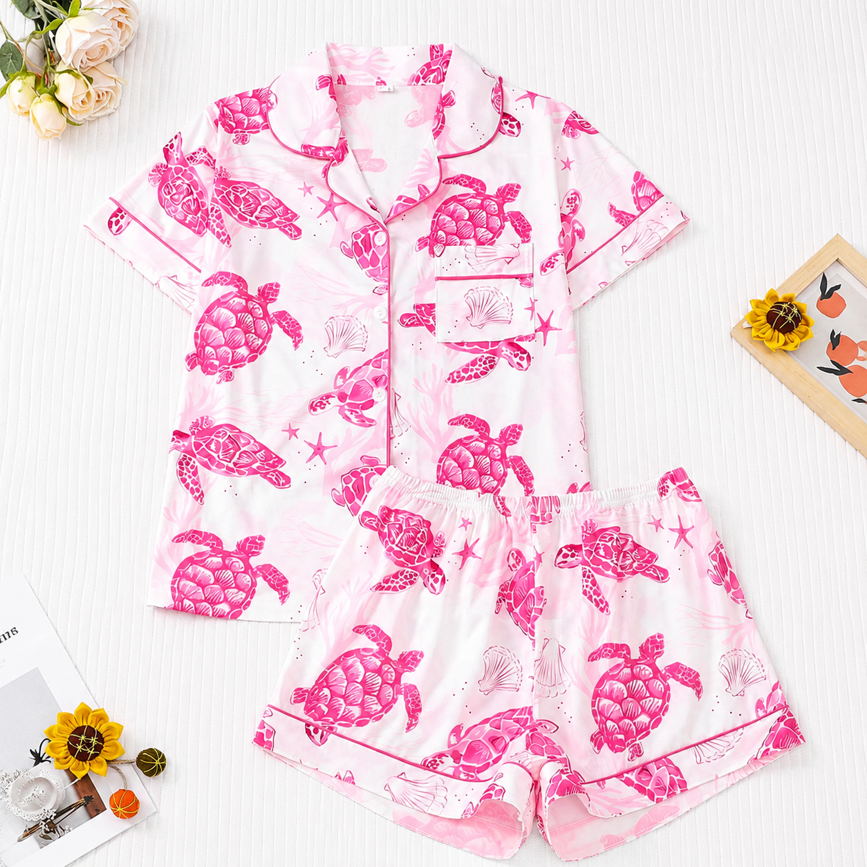 Marine Style Sea Turtle Print Short Sleeve Lapel Cardigan Top And Shorts For Women