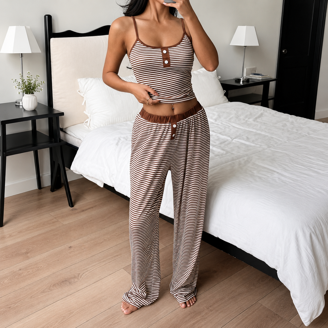 Striped Camisole and Buttoned Drawstring Pants Set