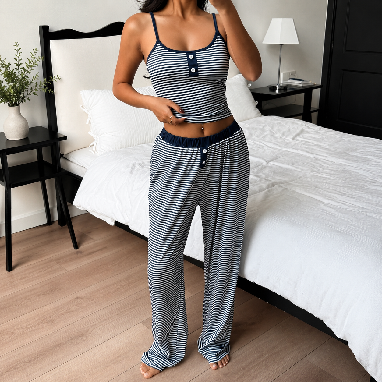 Striped Camisole and Buttoned Drawstring Pants Set