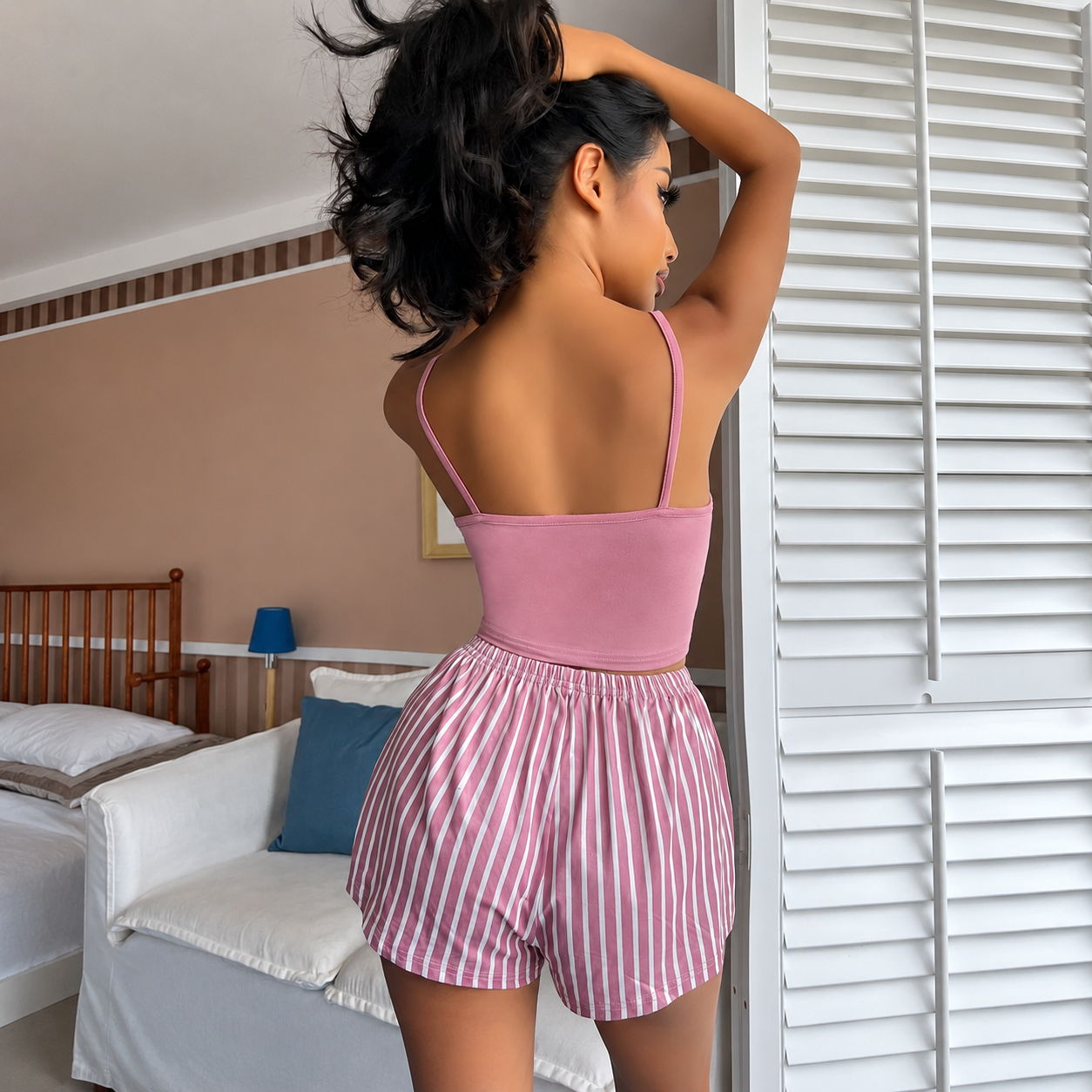 Letter Printed Camisole And Striped Shorts Pajama Set