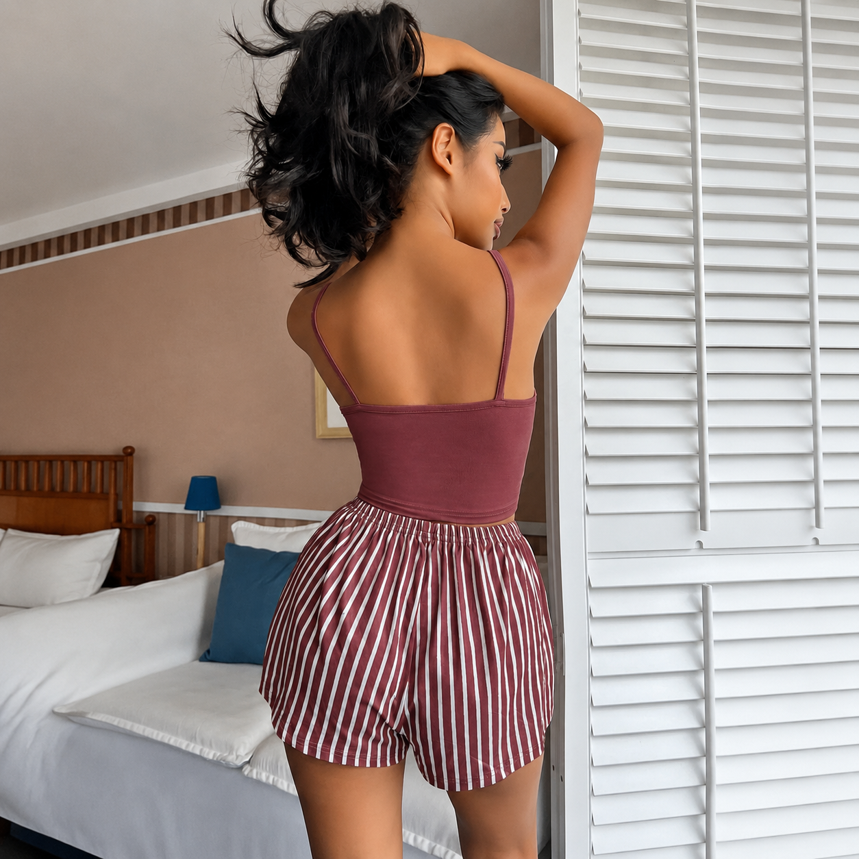Letter Printed Camisole And Striped Shorts Pajama Set
