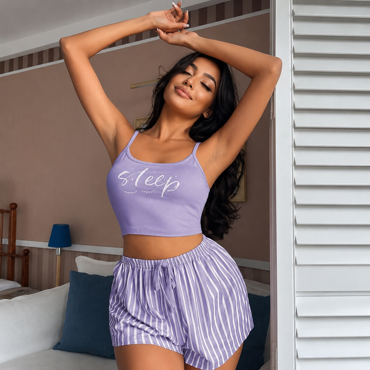 Letter Printed Camisole And Striped Shorts Pajama Set