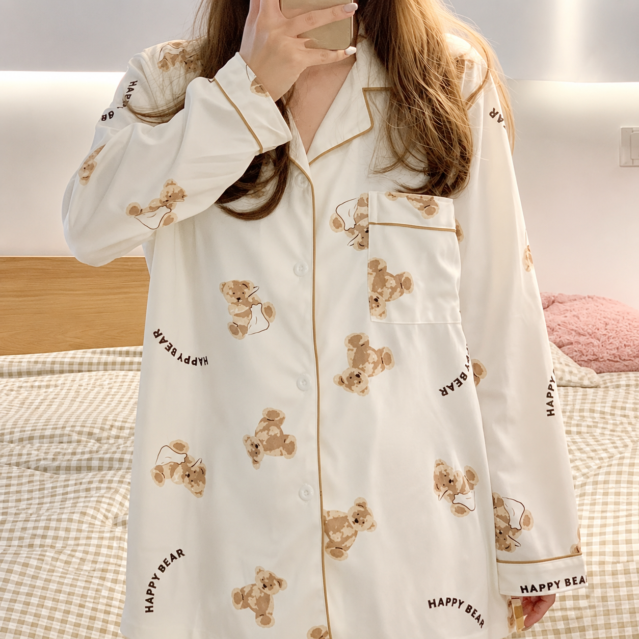 Lapel Long Sleeve Blouse Top And Elastic Waistband Pants Sleepwear Set For Women