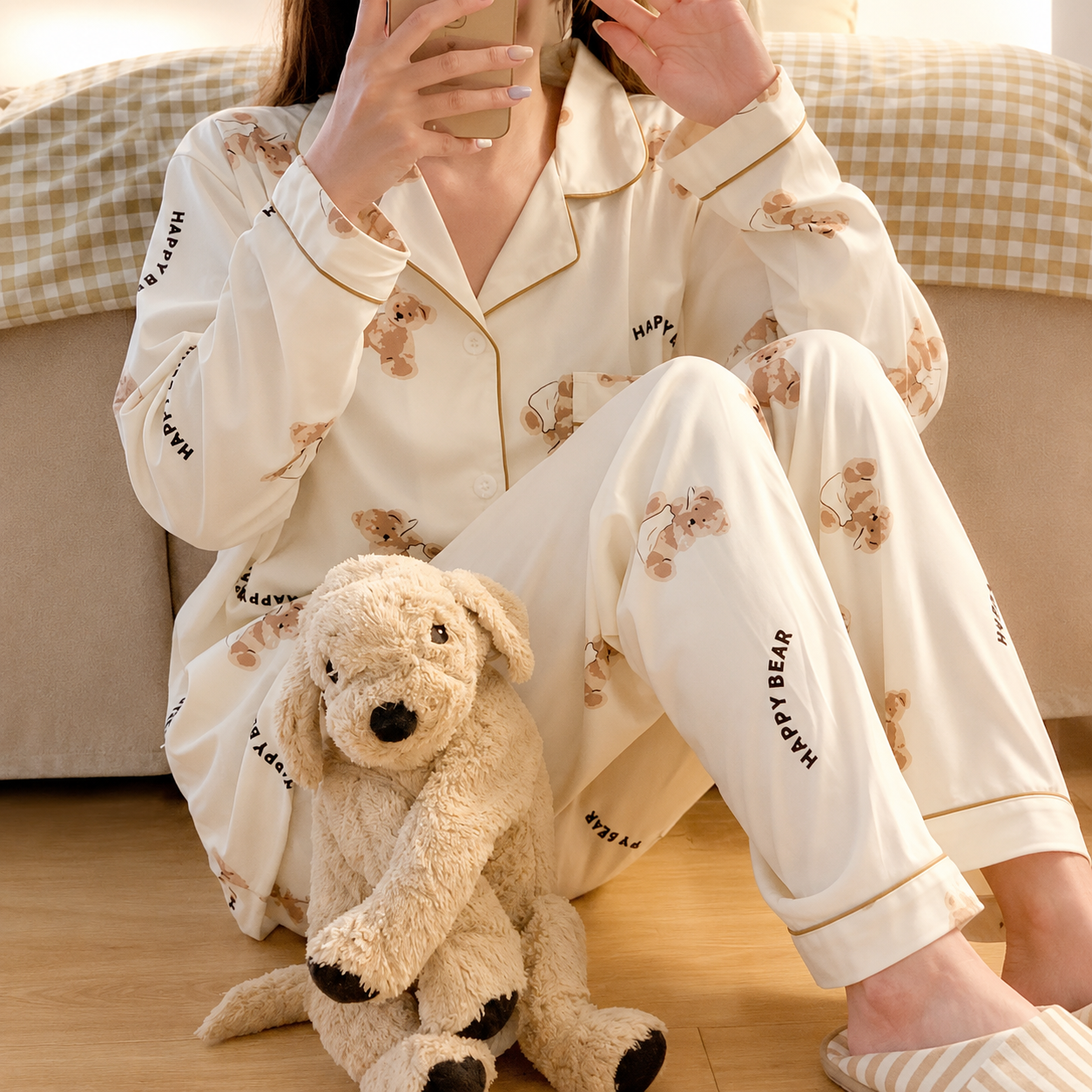 Lapel Long Sleeve Blouse Top And Elastic Waistband Pants Sleepwear Set For Women