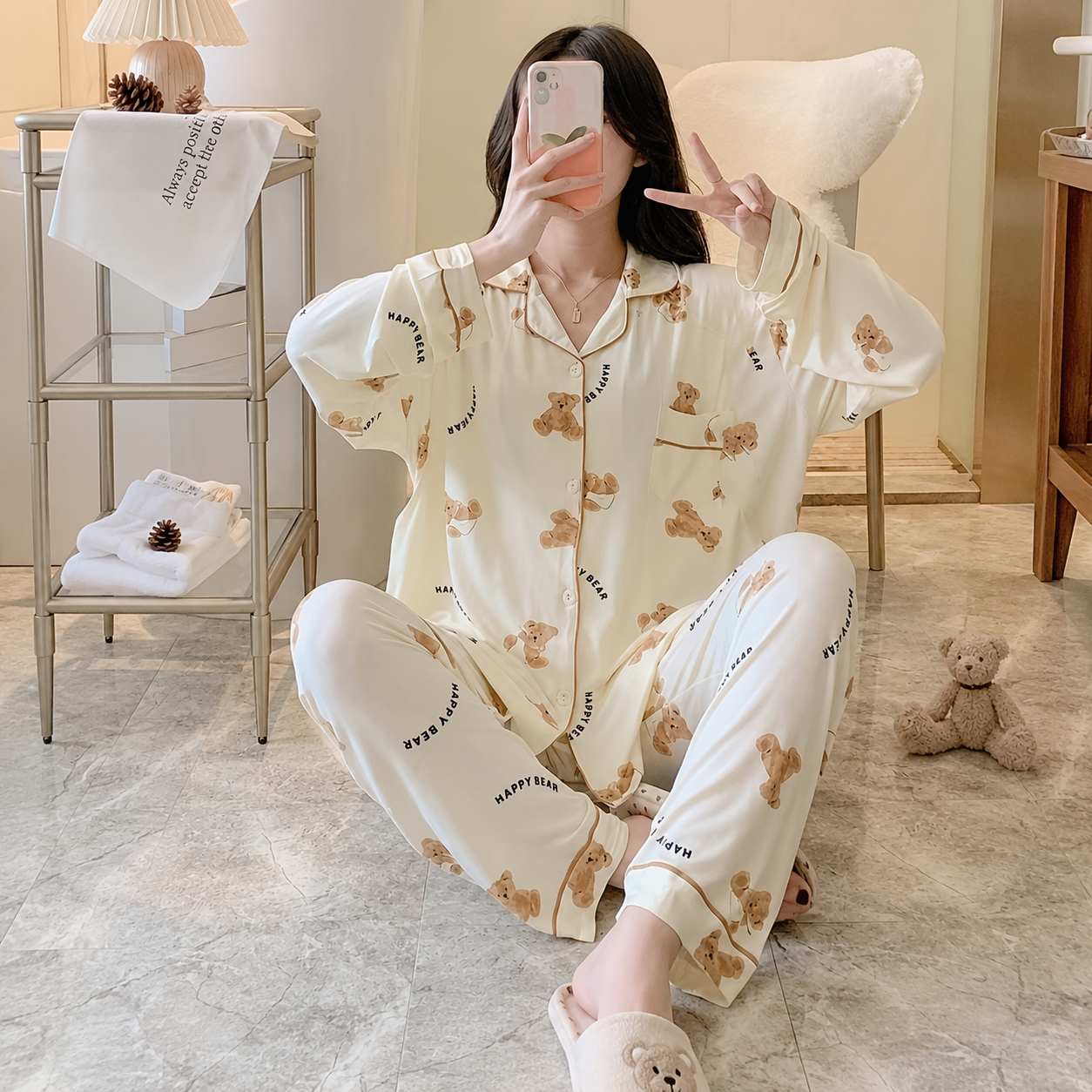 Lapel Long Sleeve Blouse Top And Elastic Waistband Pants Sleepwear Set For Women
