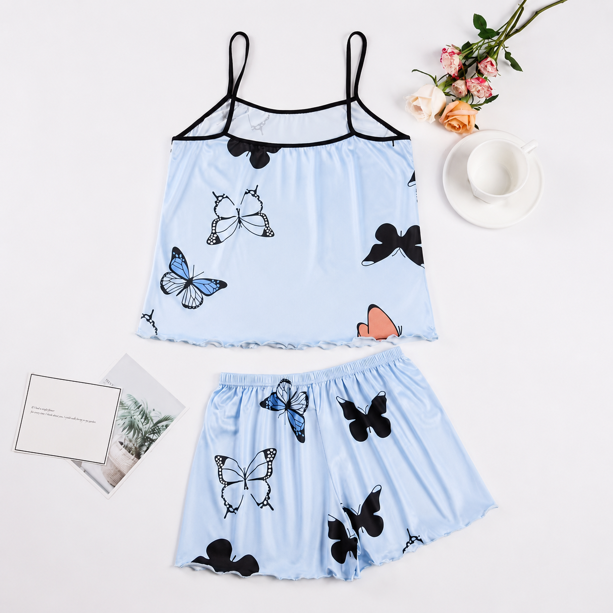 Casual Butterfly Print Lettuce Trim Cami Top And Elastic Shorts Sleepwear Set For Women