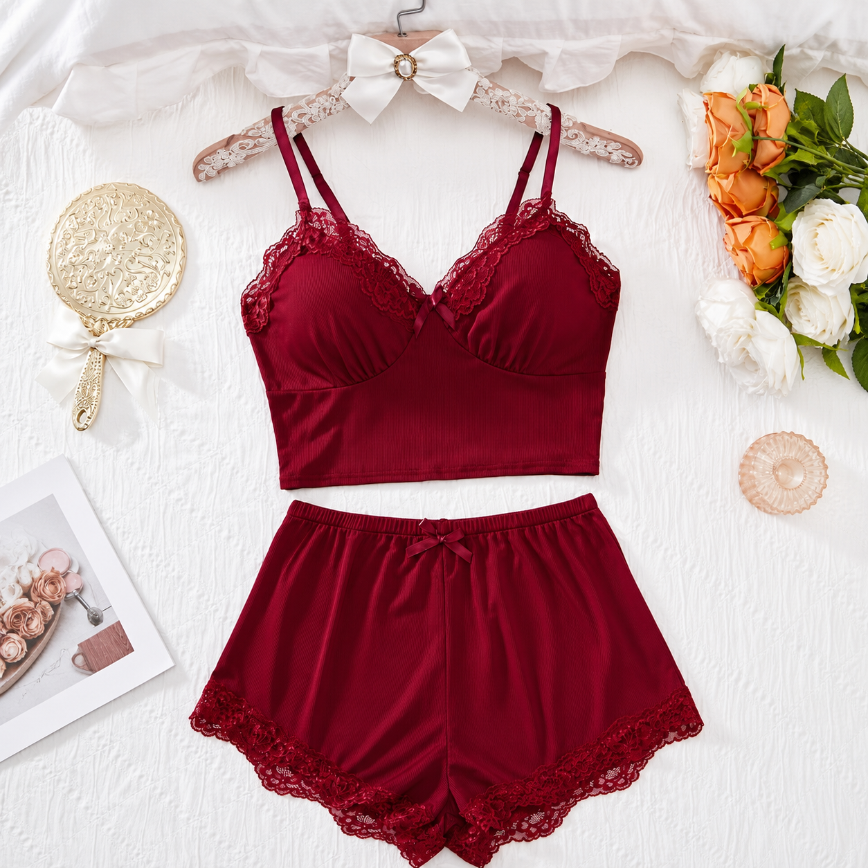 2 Pieces Floral Contrast Bow Top & Shorts Set For Women
