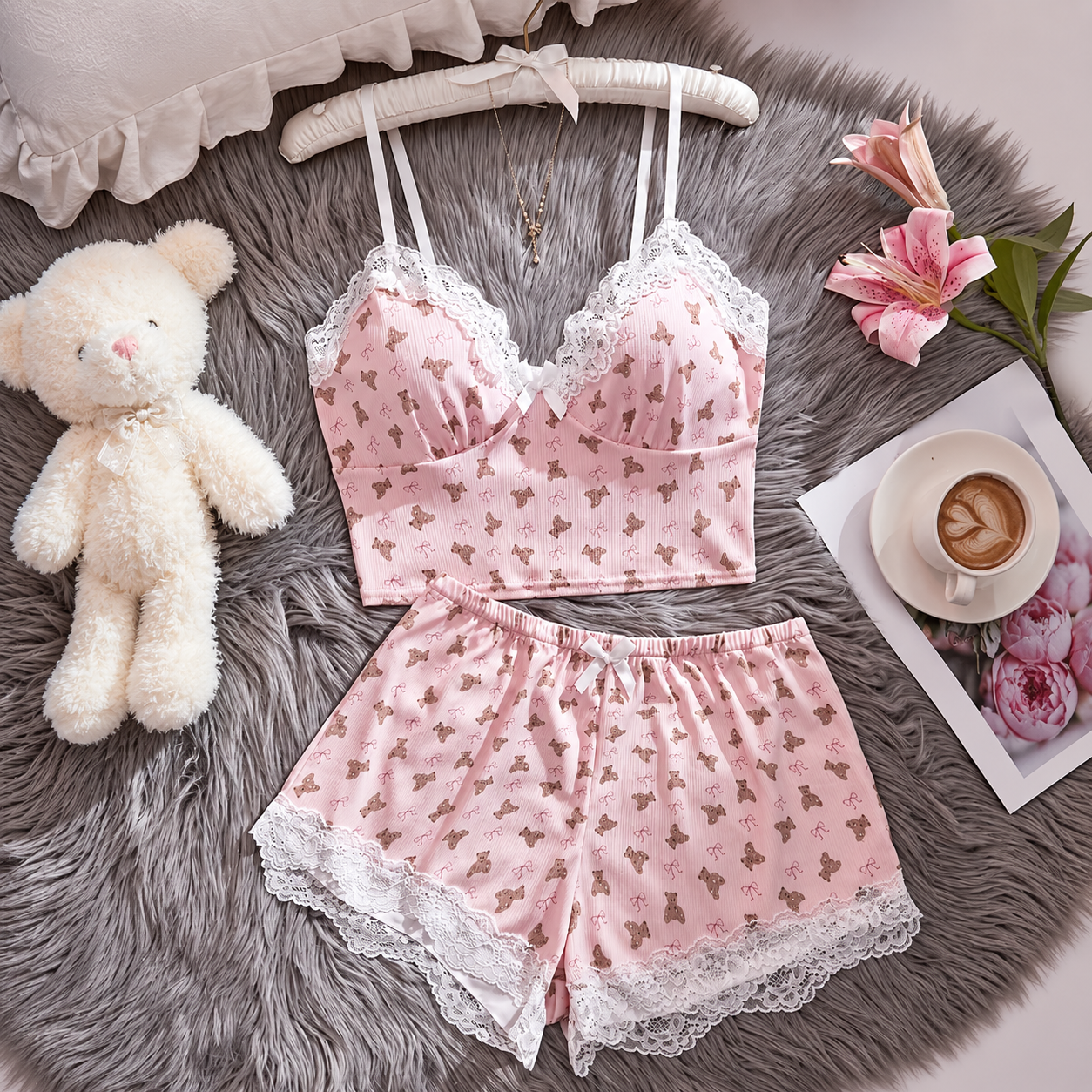 2 Pieces Floral Contrast Bow Top & Shorts Set For Women