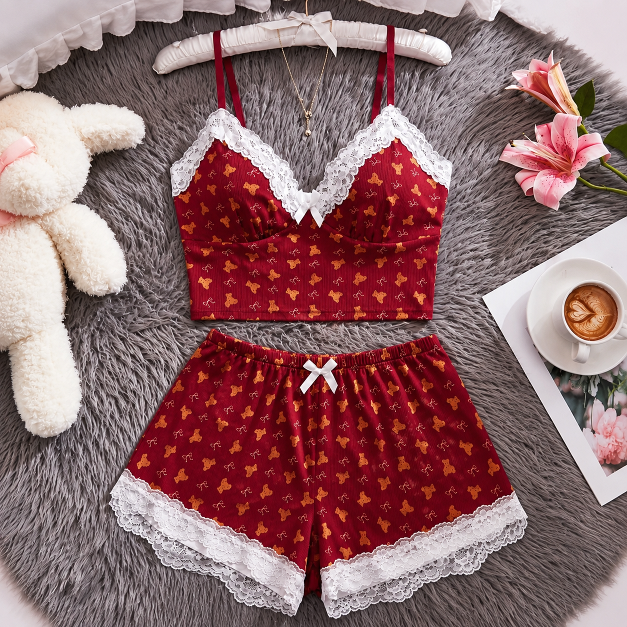 2 Pieces Floral Contrast Bow Top And Shorts Set For Women